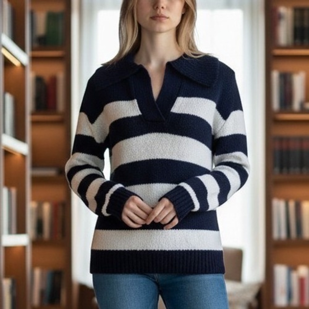 Workshop Republic Clothing Blue and White V-Neck Stripe Sweater Women Small